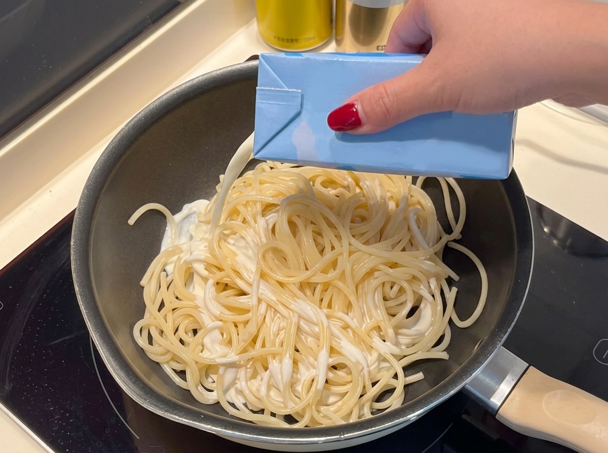 茹で上がったパスタに生クリームや牛乳をかけている様子