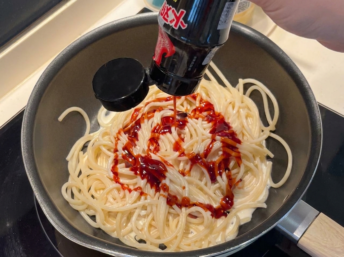 赤いプルダックソースをパスタにかけている様子