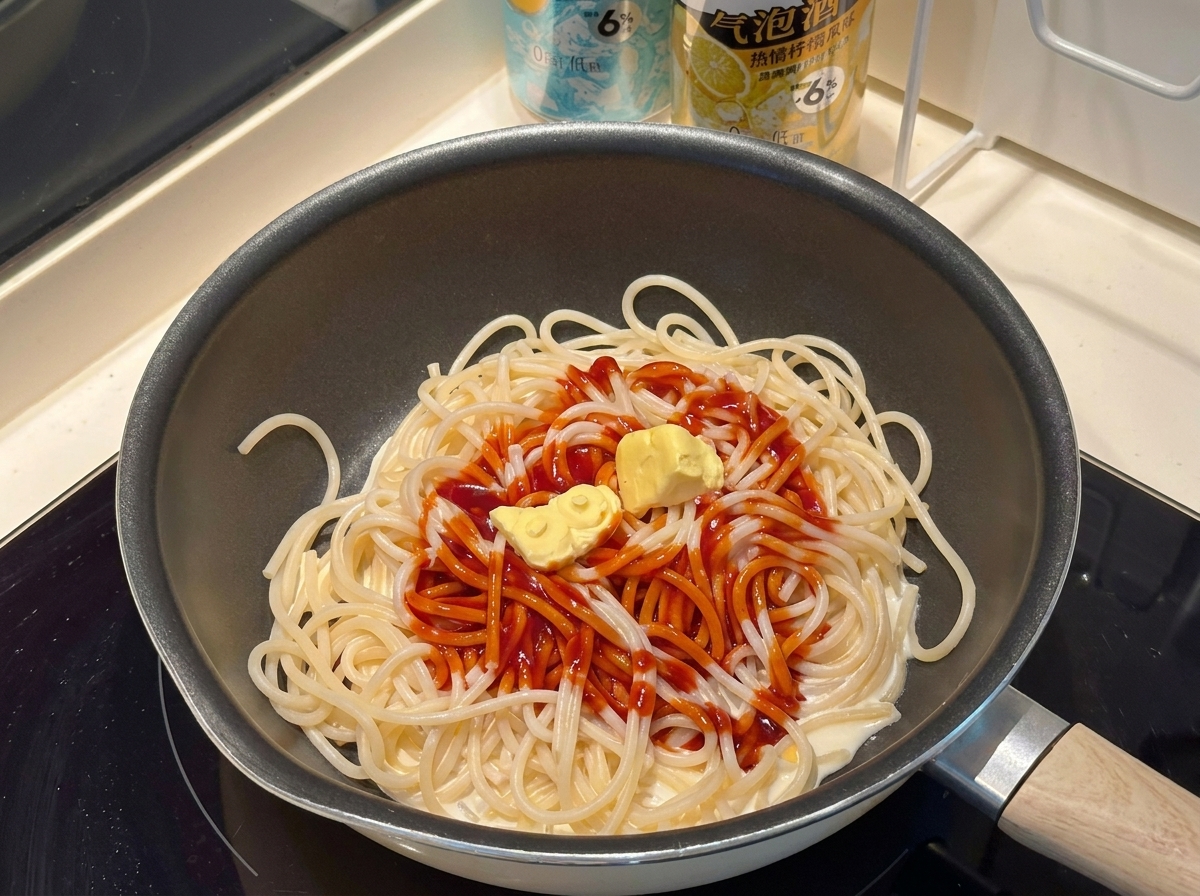 ケチャップとバターをフライパンに加える様子