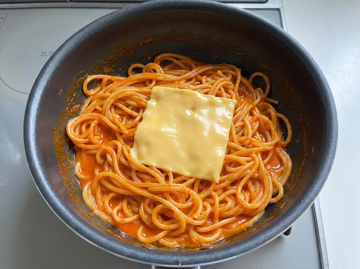 ソースが絡まったパスタの上にスライスチーズをのせた様子