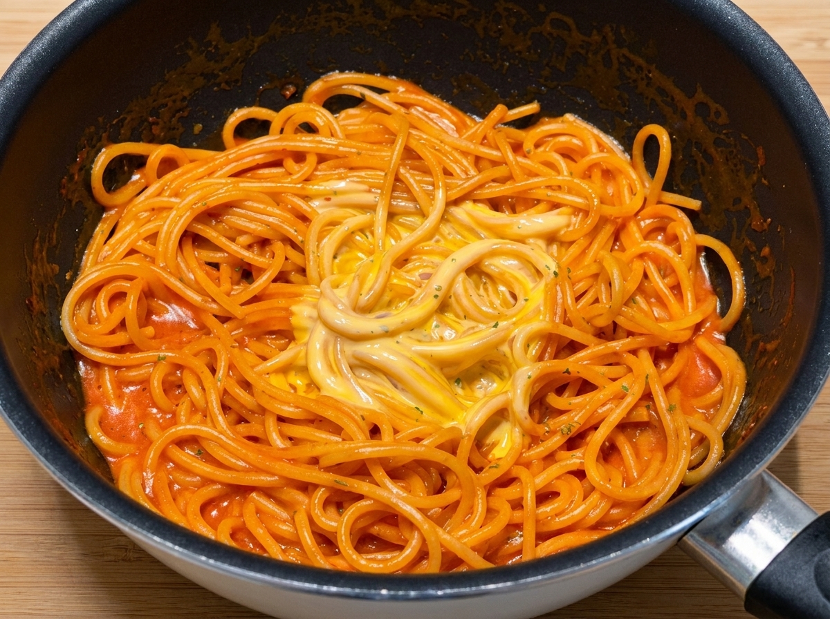 パスタに乾燥パセリを振りかけている様子