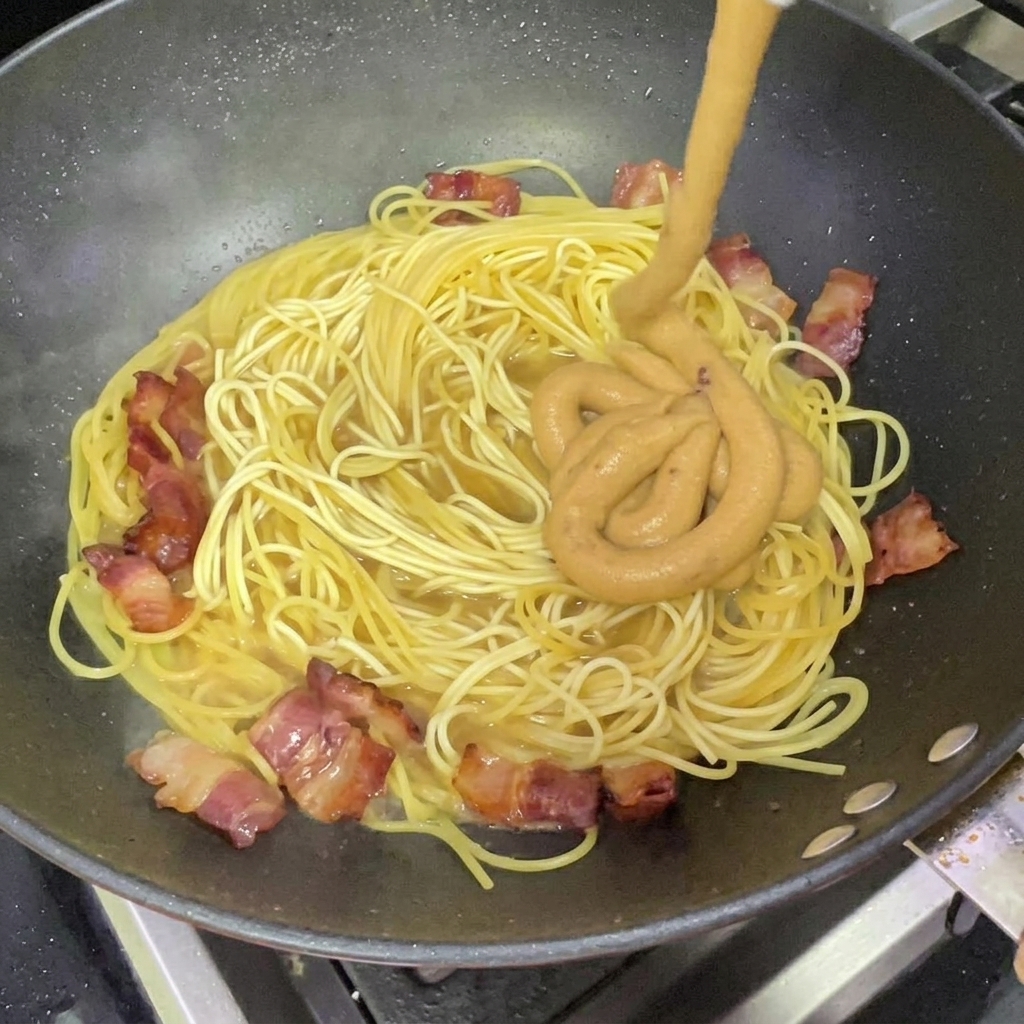 中華鍋のスパゲッティに濃厚なチーズクリームソースを注いでいる様子。