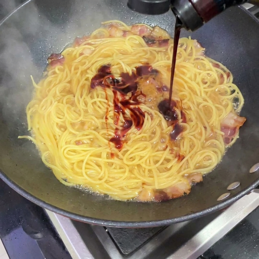 中華鍋で煮立っているスパゲッティとベーコンに、濃い赤色の辛いブルダックソースをかけている様子。