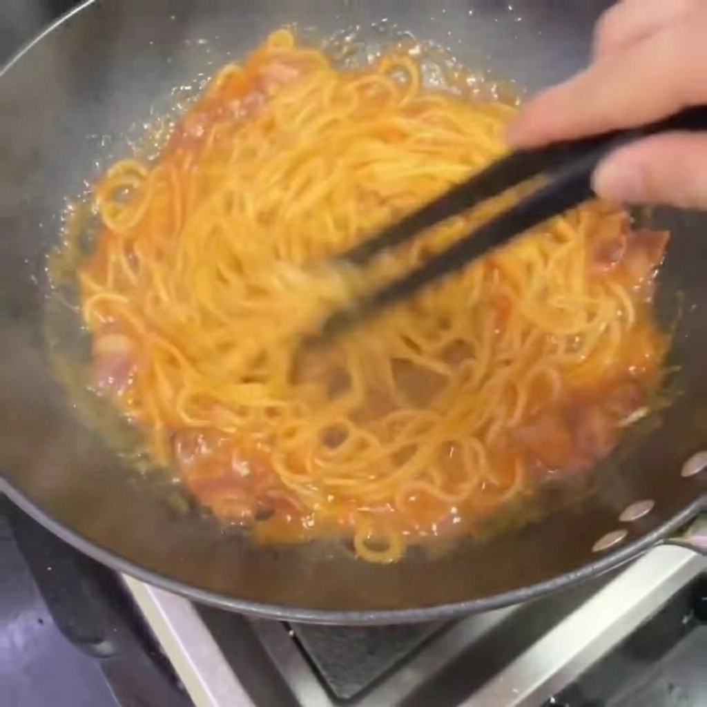 クリーミーでスパイシーなソースを絡めるために、中華鍋の中で菜箸を使ってスパゲッティを混ぜている様子。