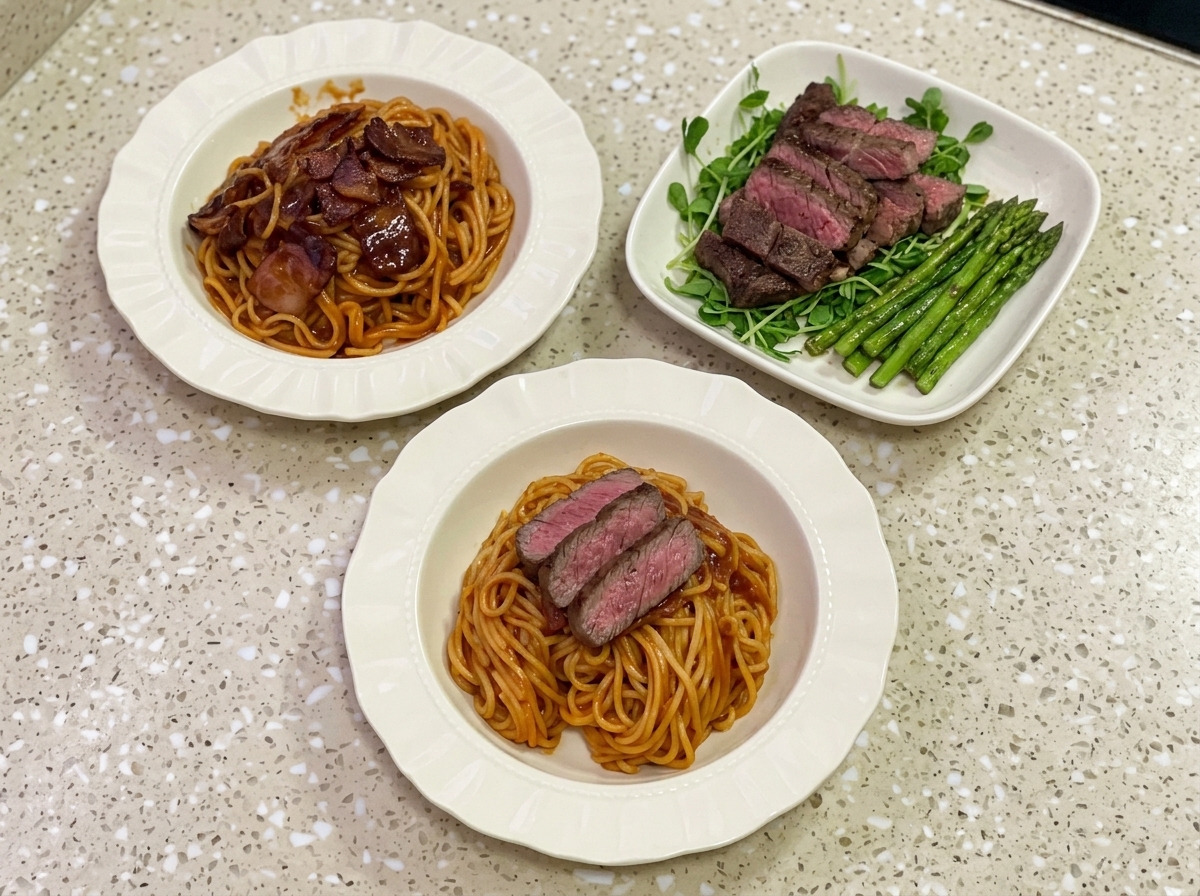 スパイシーなスパゲッティの上に、柔らかく調理されたステーキのスライスがきれいに並べられている様子。