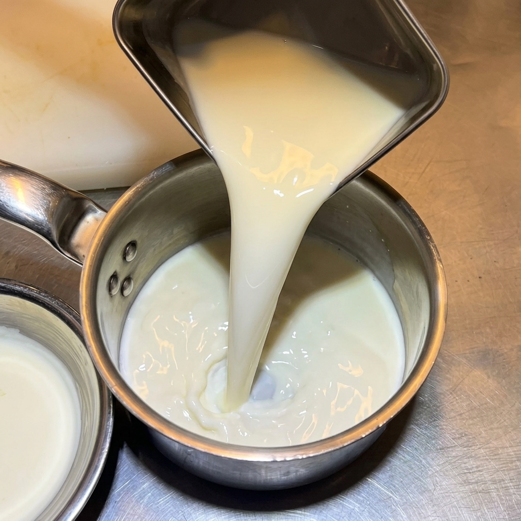 ステンレス製の鍋に牛乳を注いでいる様子。