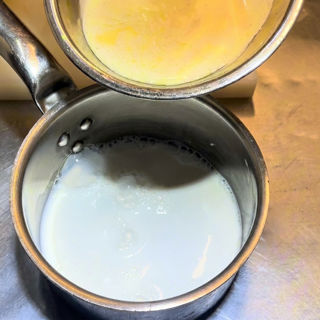 牛乳の入った鍋に生クリームを注いでいる様子。
