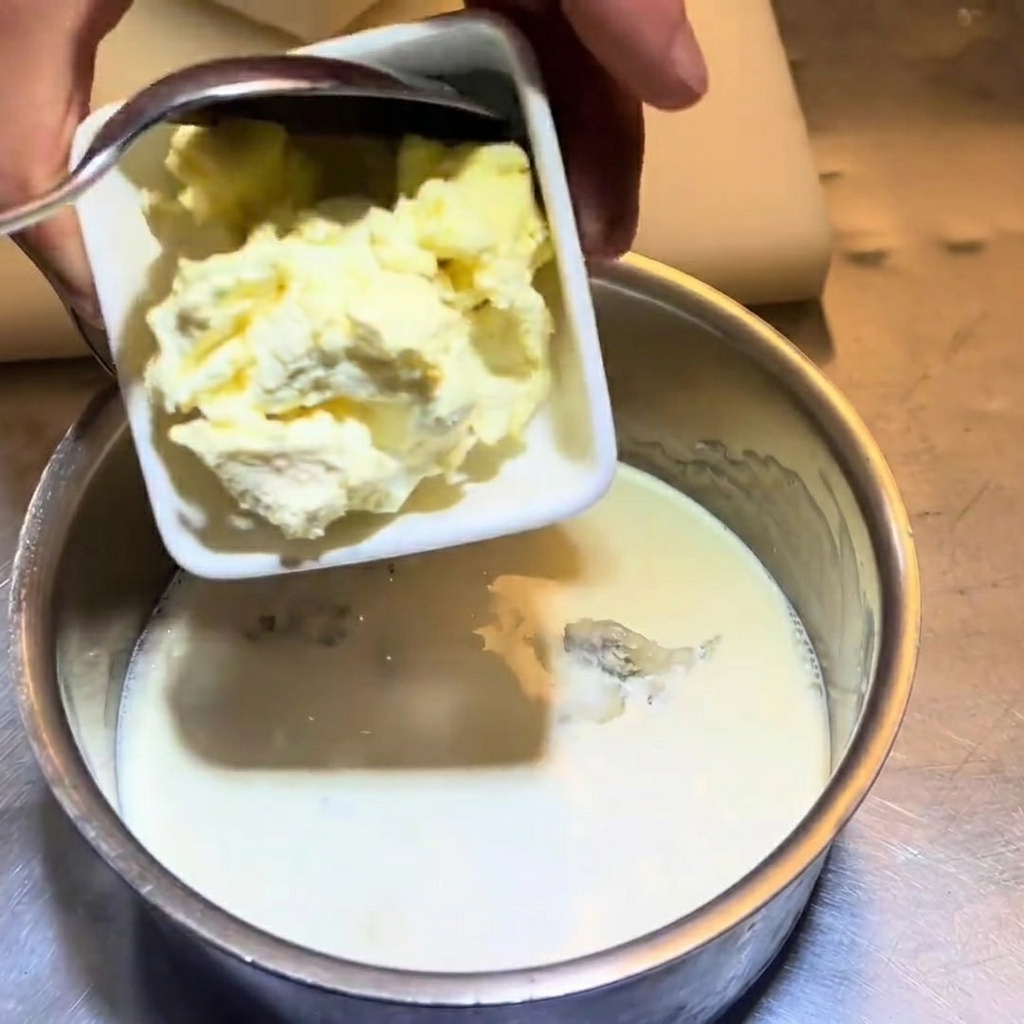 スプーンを使ってクリームチーズを鍋に入れている様子。