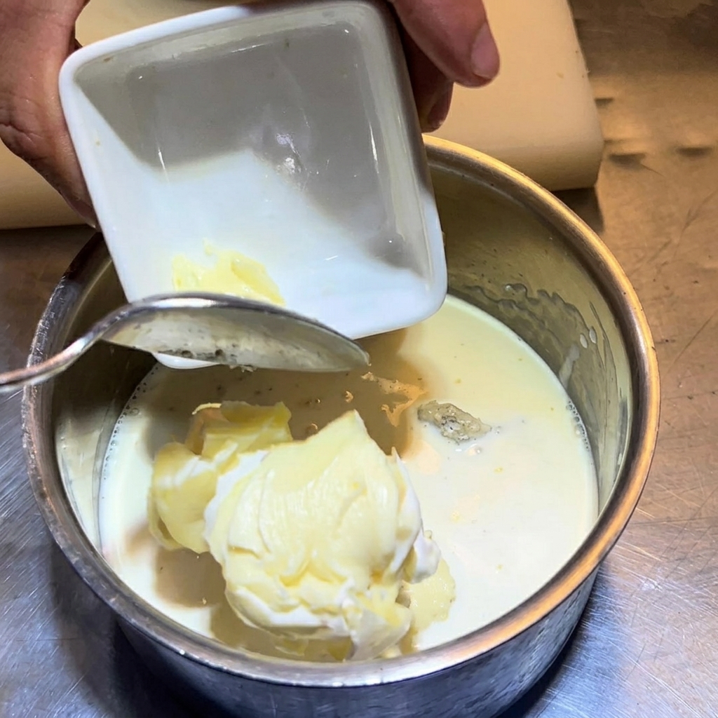 スライスしたブリーチーズを鍋に入れている様子。