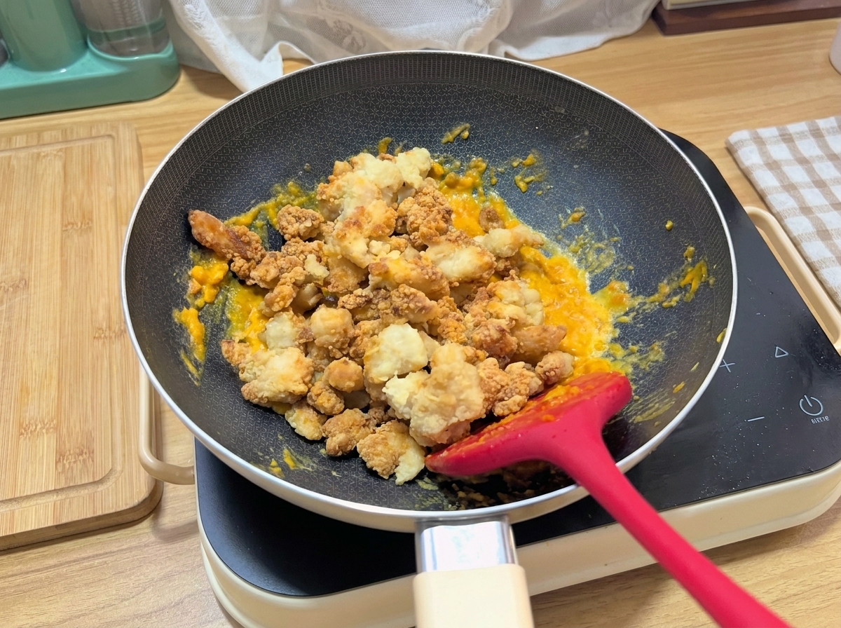 フライパンの中で、黄色い塩卵ペーストがチキンに絡んでいる様子。