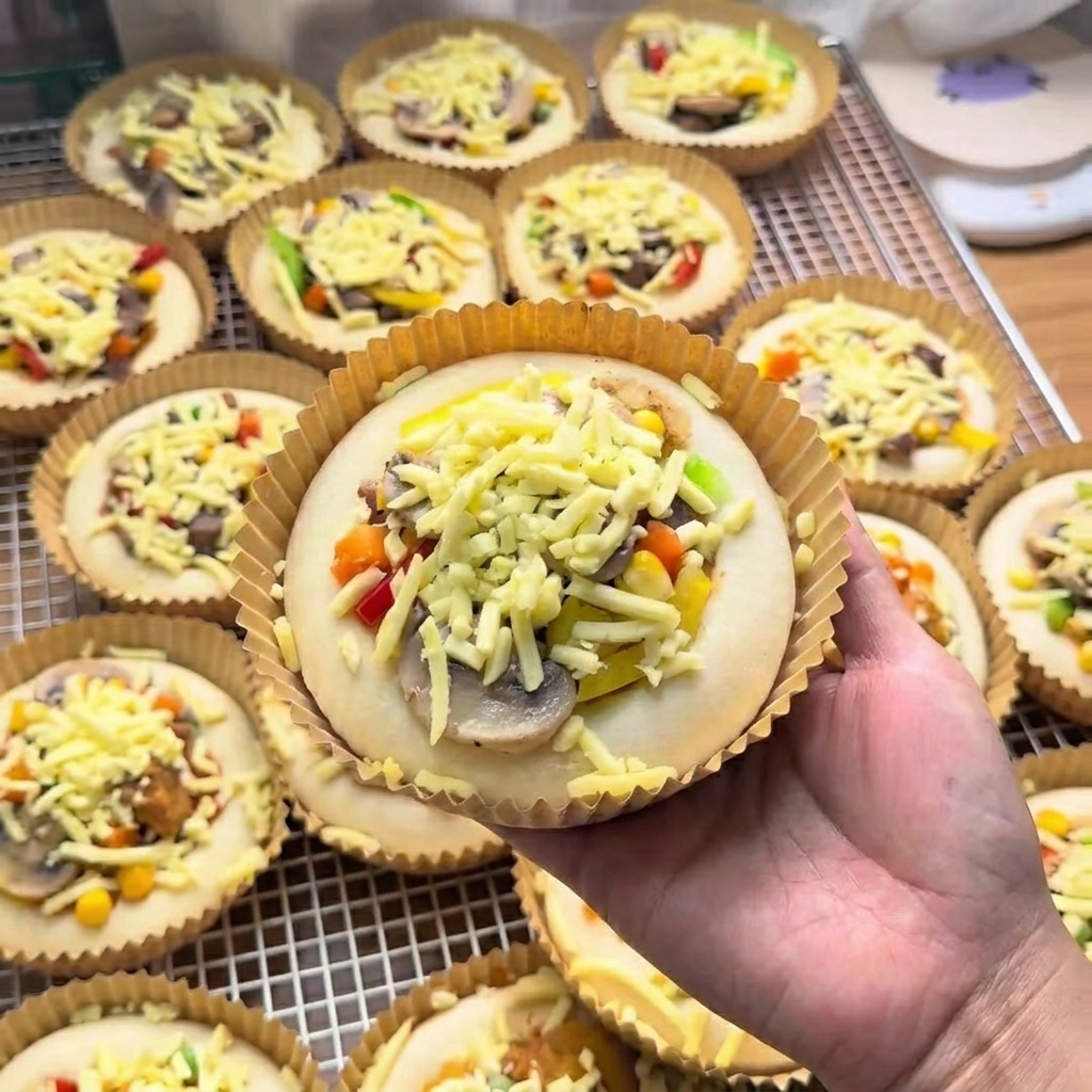 たくさんの具材の上にシュレッドチーズをたっぷりのせた完成形のミニピザを手に持っている様子。