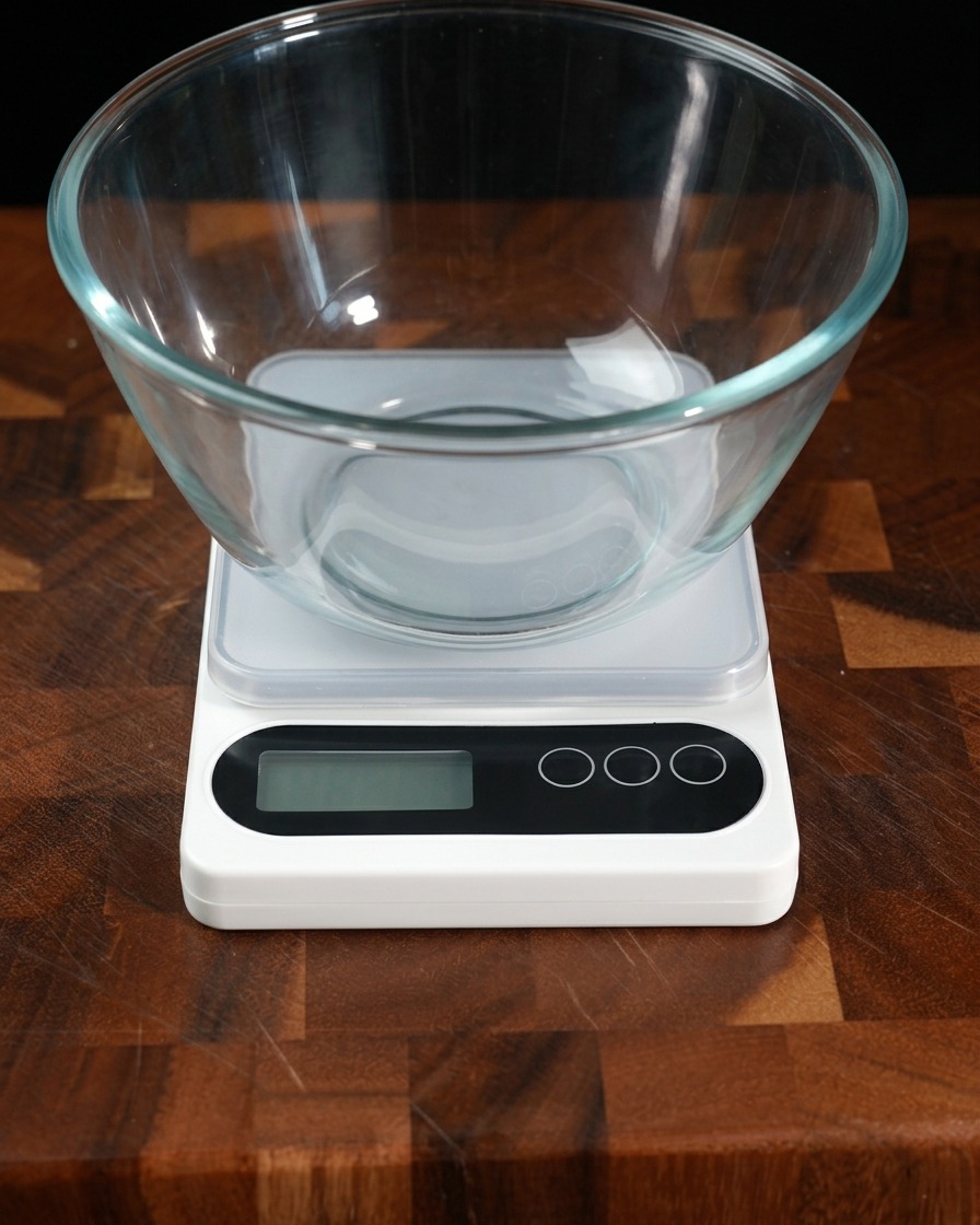 ガラスボウルに入った小麦粉をデジタルキッチンスケールで量っている様子。