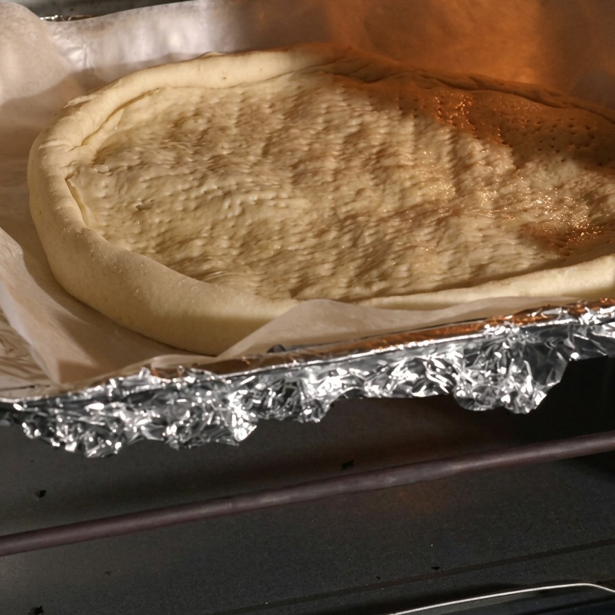 クッキングシートの上に乗った、ソースを塗る前の下焼きされたピザ生地。