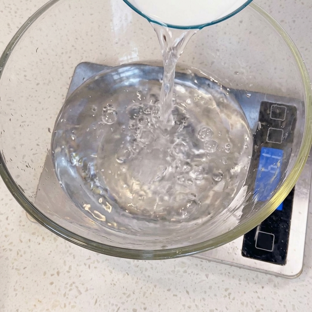 デジタルスケールの上で、ボウルに水、塩、イースト、オリーブオイル、強力粉を入れている様子。
