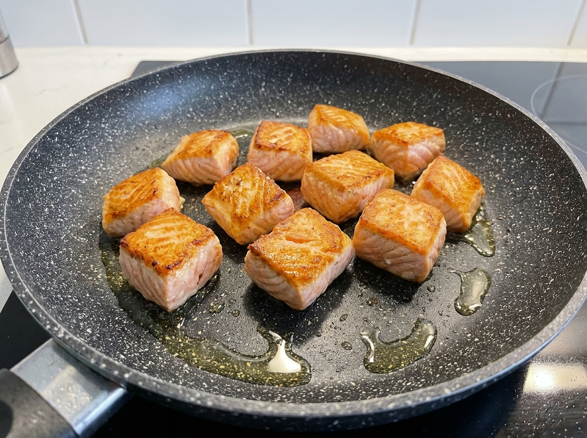 熱したフライパンでこんがりと焼き色がつくまで炒められている角切りサーモン。