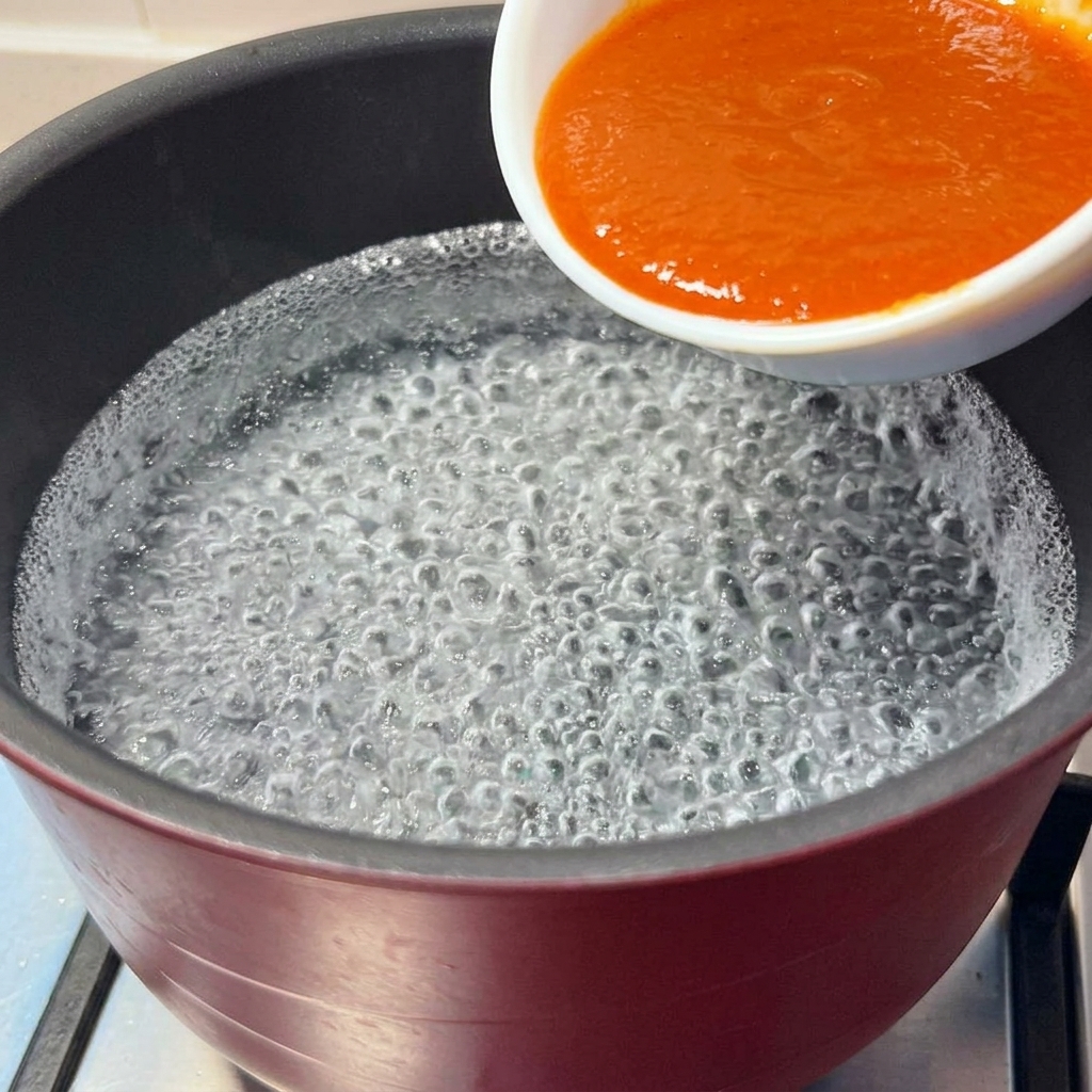 小さな白いボウルから、沸騰した鍋に赤い味噌ダレを注いでいる様子。