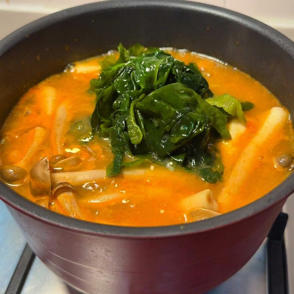 スパイシーな赤い味噌スープの中で煮込まれているしめじとわかめ。