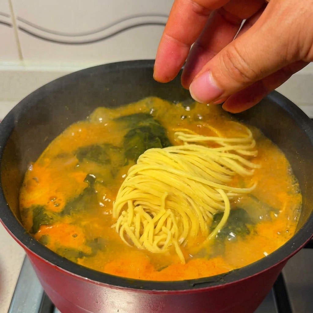 沸騰したスープの鍋に加えられる黄色い生ラーメン。