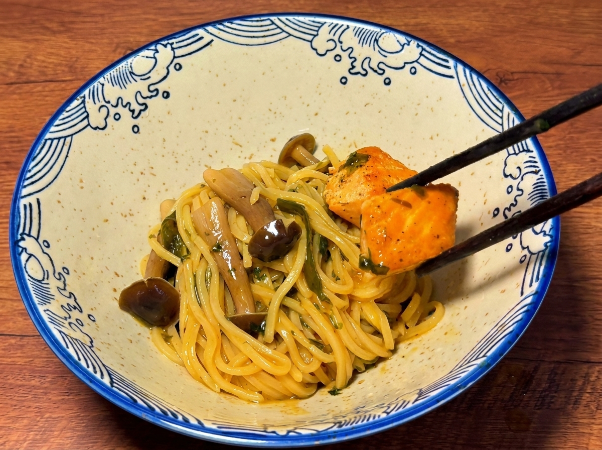 和風の模様の入ったどんぶりに、箸で麺とサーモンを盛り付けている様子。