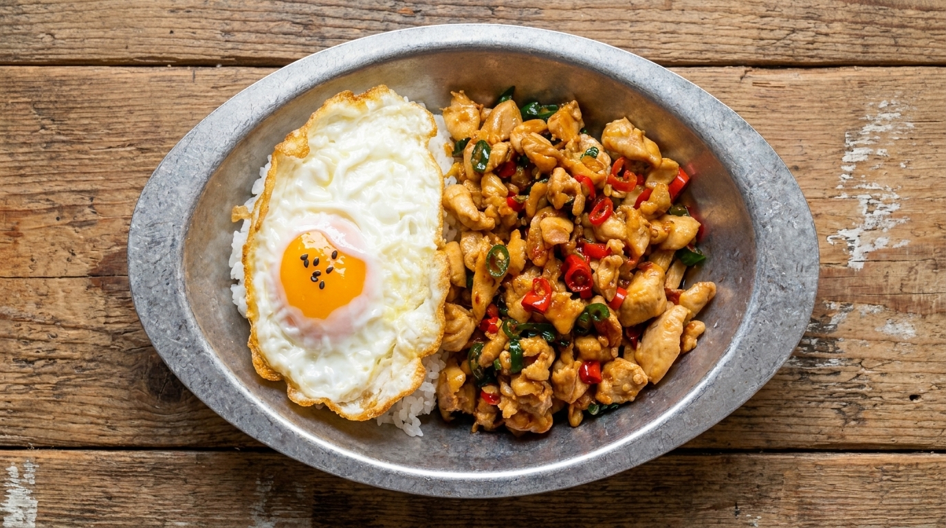 金属製のお玉で、どんぶりの中の麺と具材の上に、鮮やかなオレンジ色の熱い味噌スープを注いでいる様子。