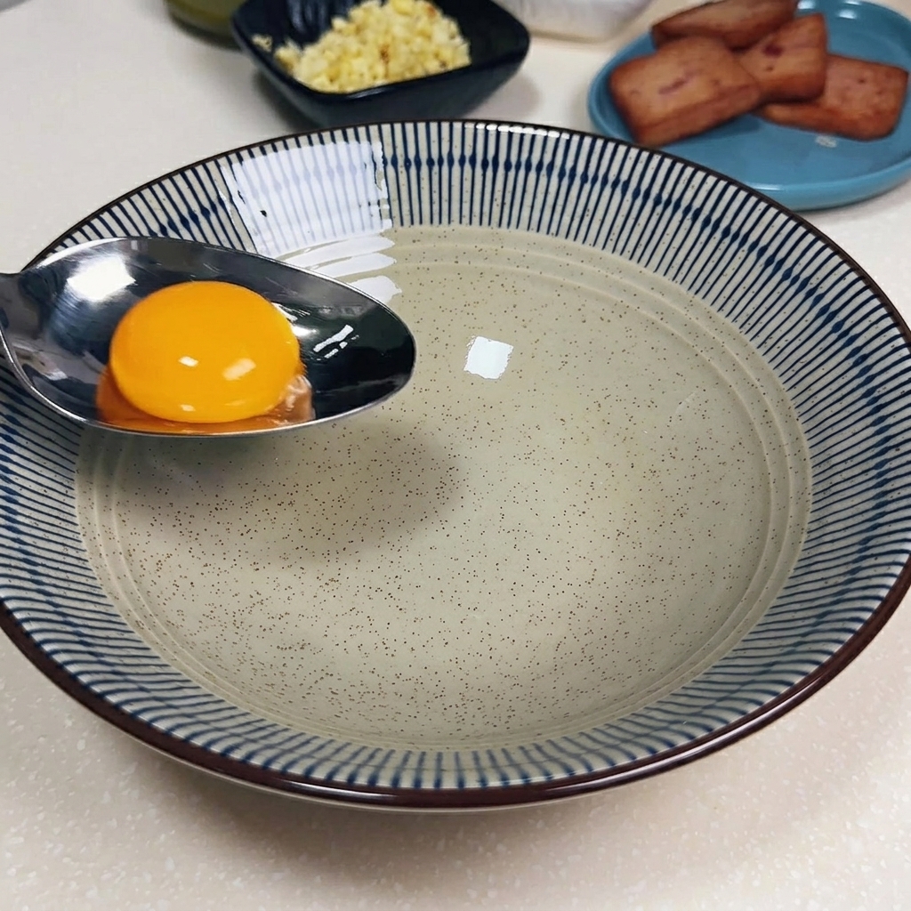 丼の中に卵黄、おろしにんにく、刻んだネギ、マヨネーズ、スープの素が入っている様子。