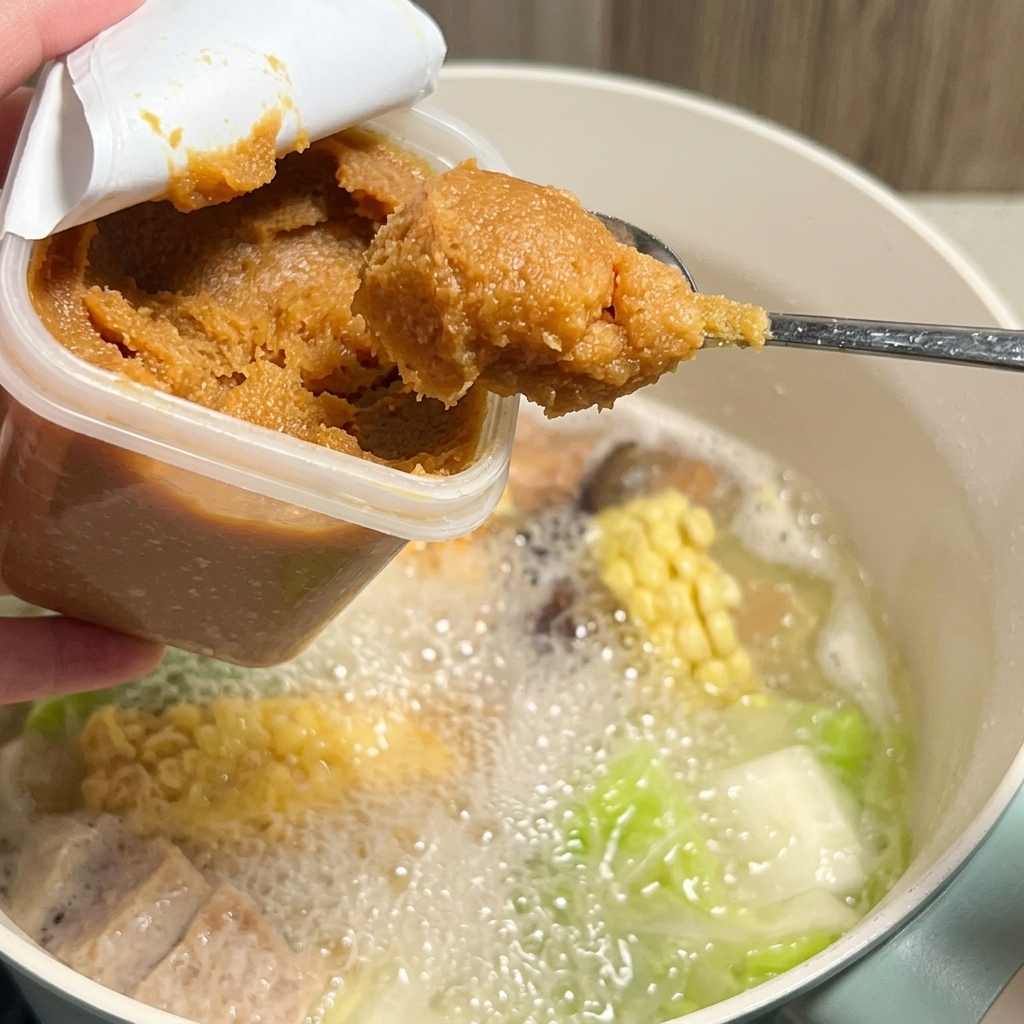金属製のザルを使って、煮えたスープに味噌を溶かしている様子。
