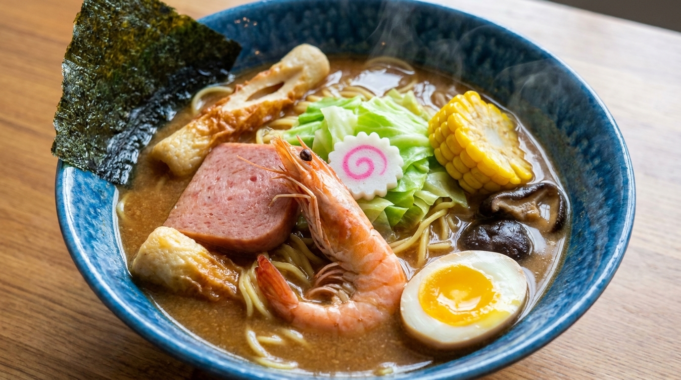 手軽に楽しむ！海老とランチョンミートの絶品味噌ラーメン