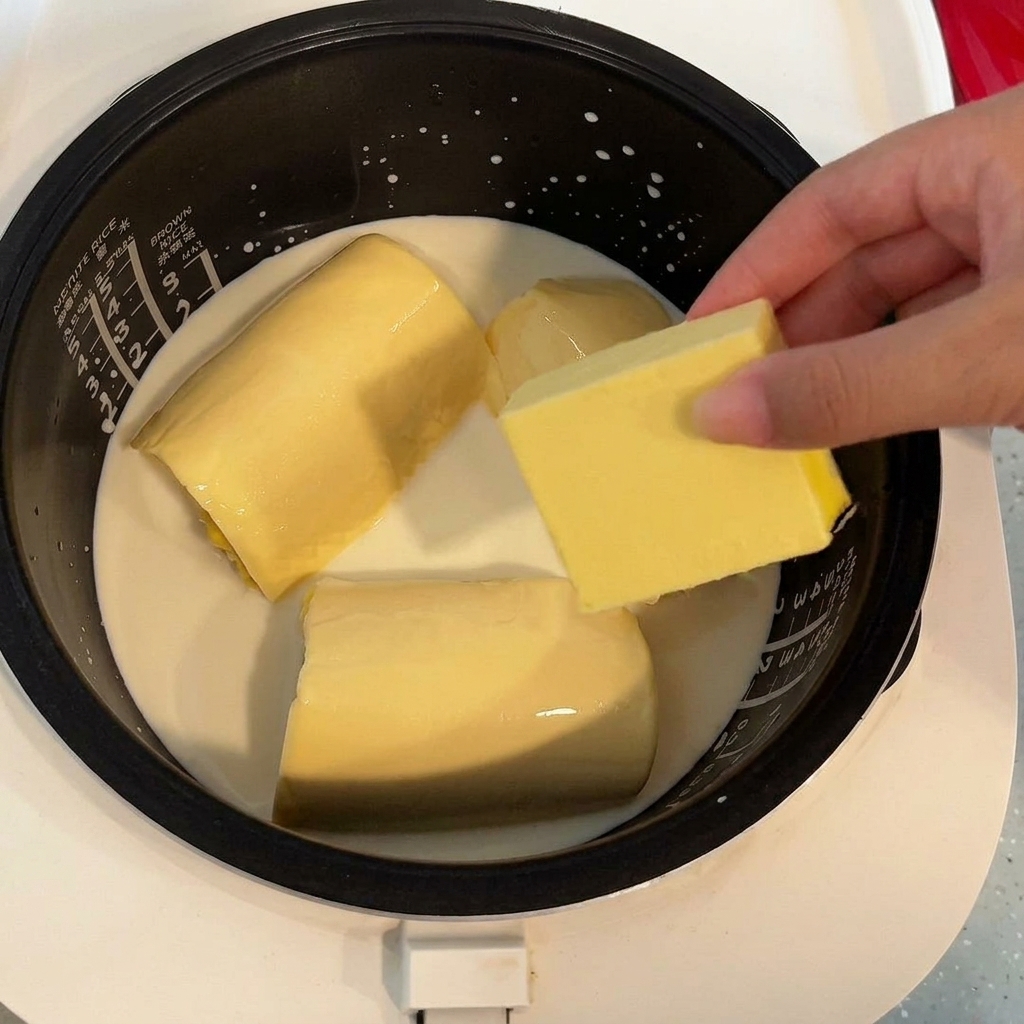 炊飯釜の中のコーンと牛乳の上にバターがのっている様子。