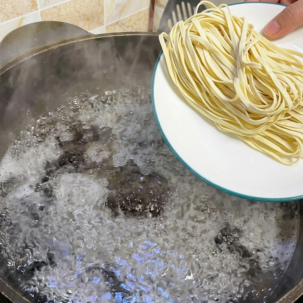 大きな鍋の沸騰したお湯に、平打ち麺を入れている様子。