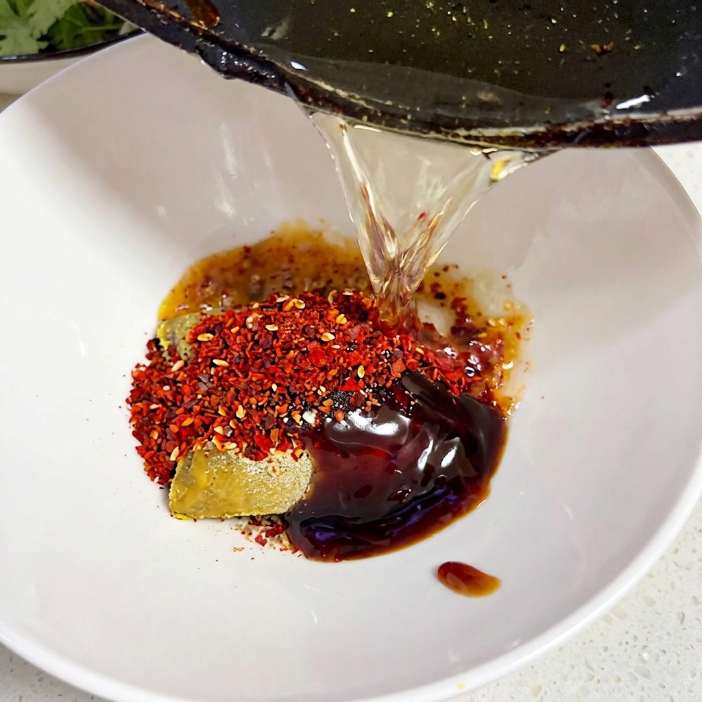 器に入ったスパイスとカレールーの上から、熱した油を注いでいる様子。
