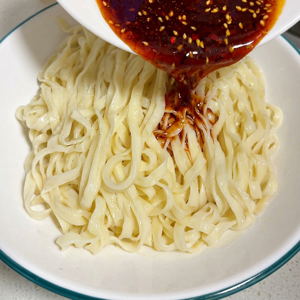 茹で上がった麺の上に、濃厚なカレーソースをかけている様子。
