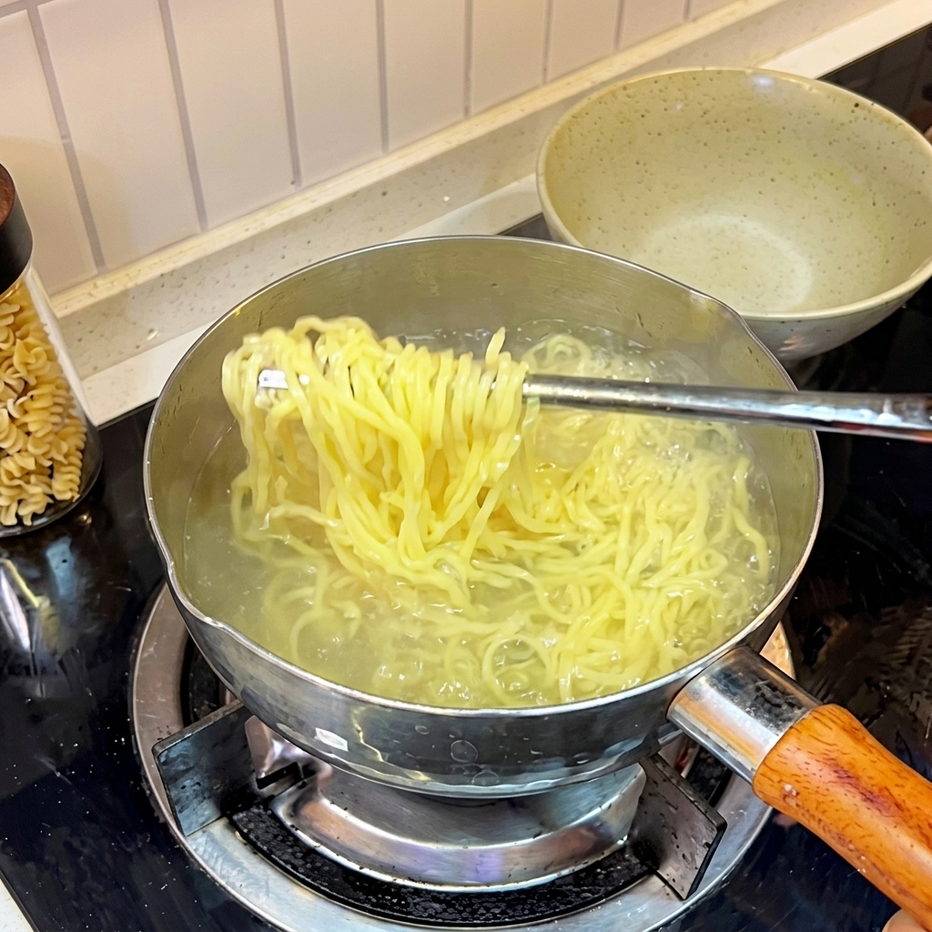 茹でた麺を冷水で締めている様子