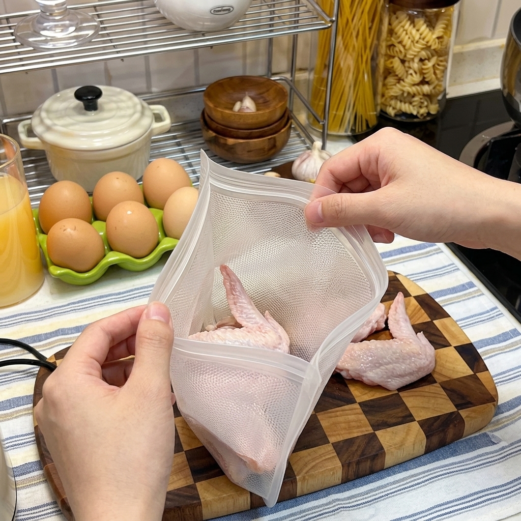 手羽先を醤油ダレに漬け込んでいる様子