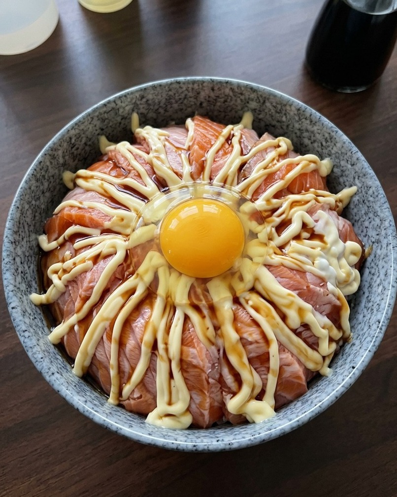 サーモン丼の中央に温泉卵をのせた様子。