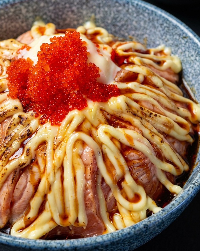 完成直前の丼に、バーナーで軽く焼き色をつけている様子。