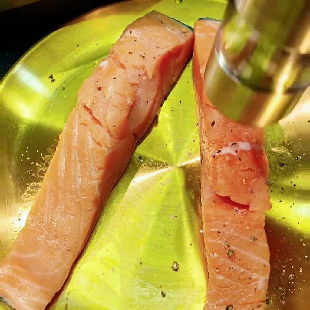 黄色いお皿に乗った生のサーモンの切り身に黒こしょうを挽いて下味をつけている様子。