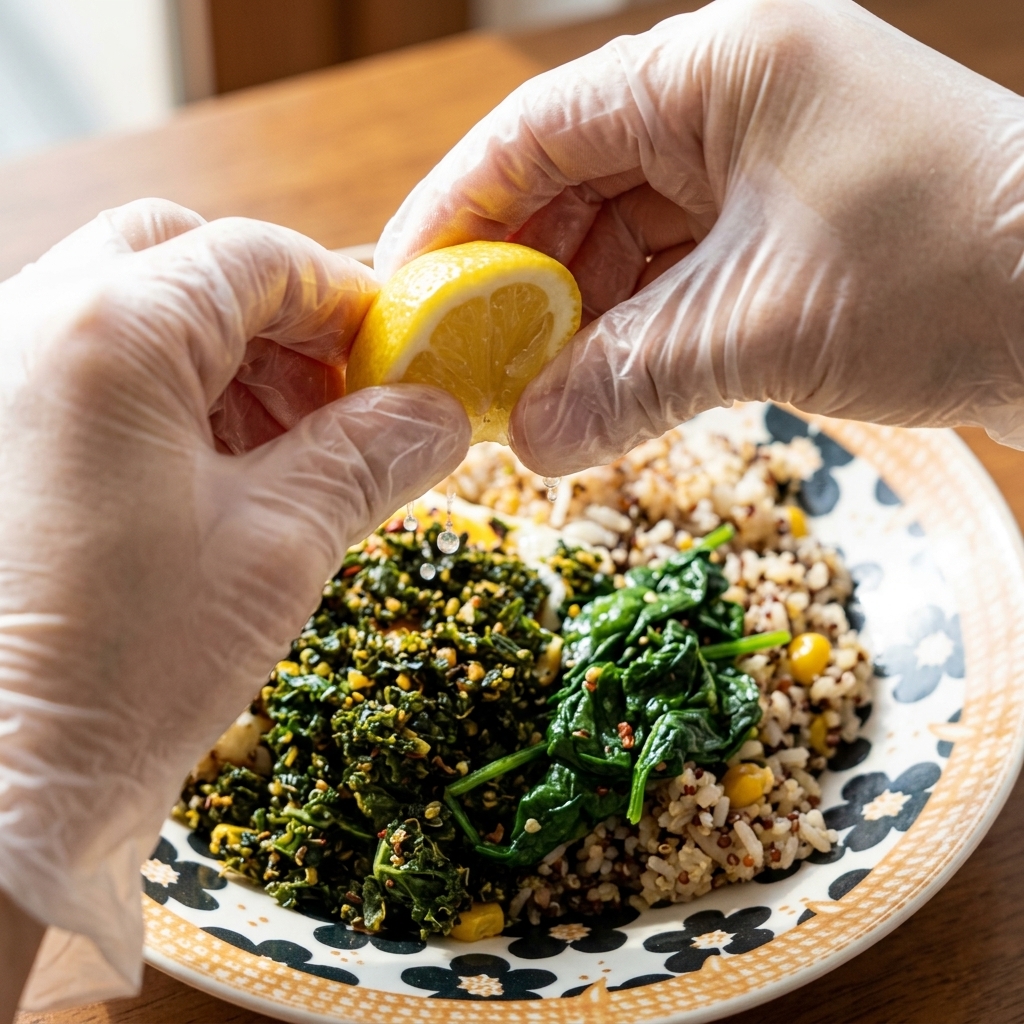 手袋をした手で、完成したサーモン丼の上から新鮮なレモンを半分絞っている様子。