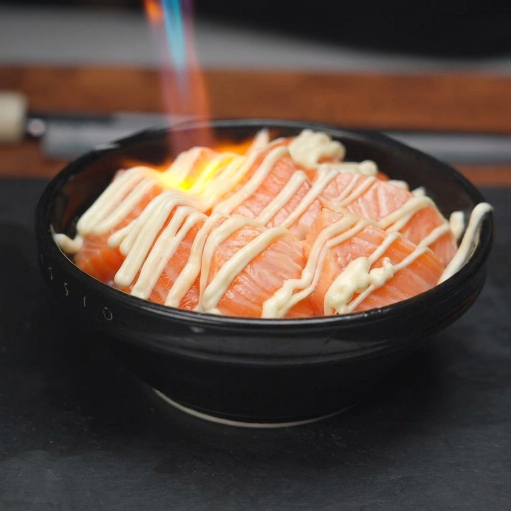 丼の上のマヨネーズとサーモンを料理用バーナーで炙っている様子。