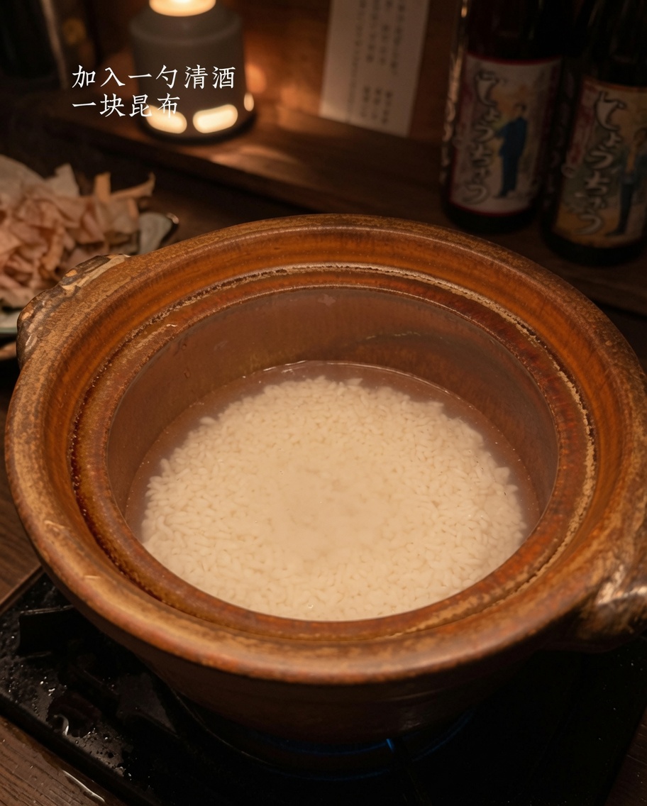 土鍋の中の米の上に、四角い乾燥昆布をのせている様子。