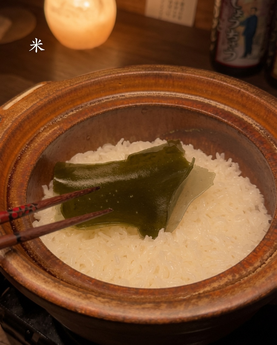 炊き上がったご飯から、箸で昆布を取り出している様子。