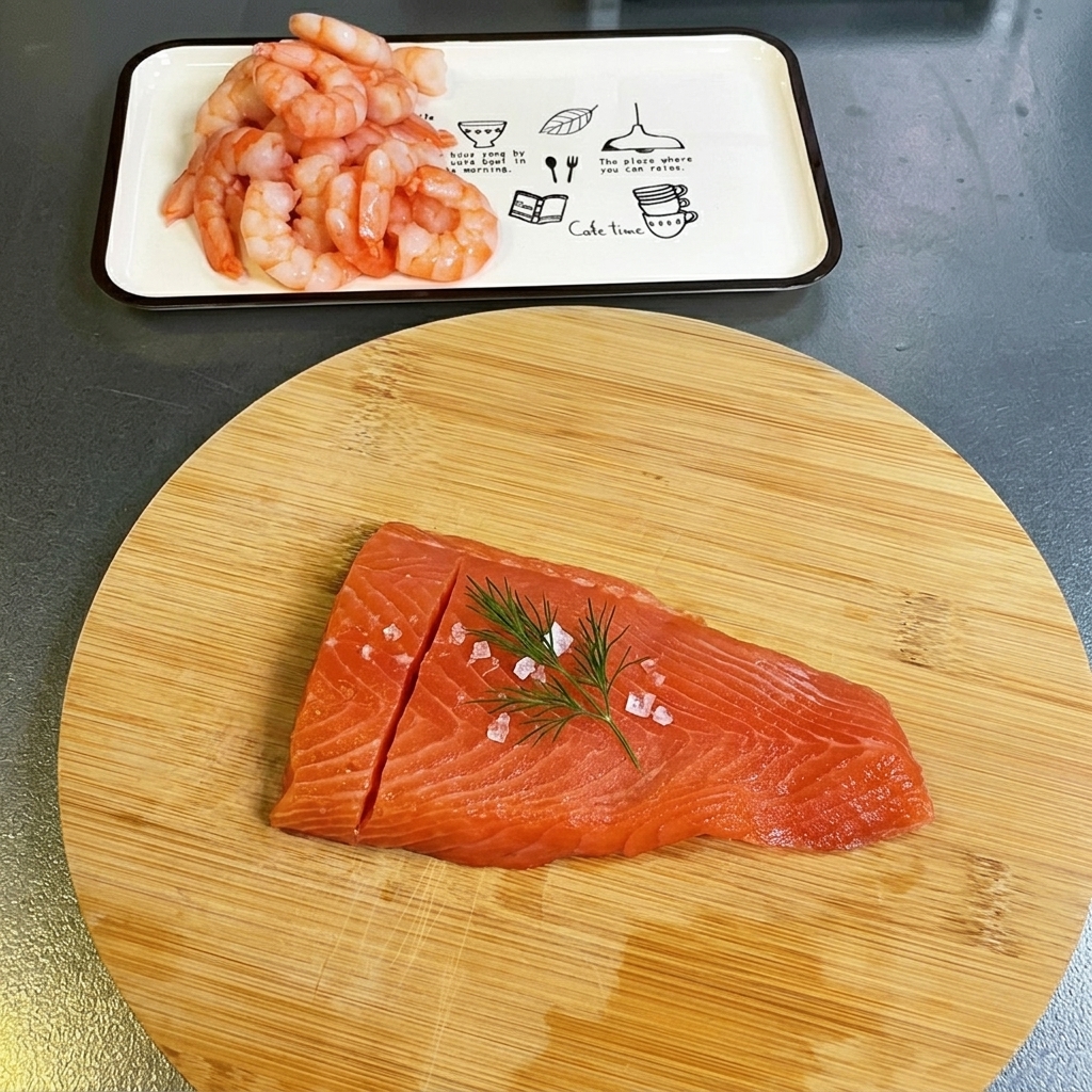 まな板の上で新鮮なサーモンの切り身を一口大のサイコロ状に切っている様子。