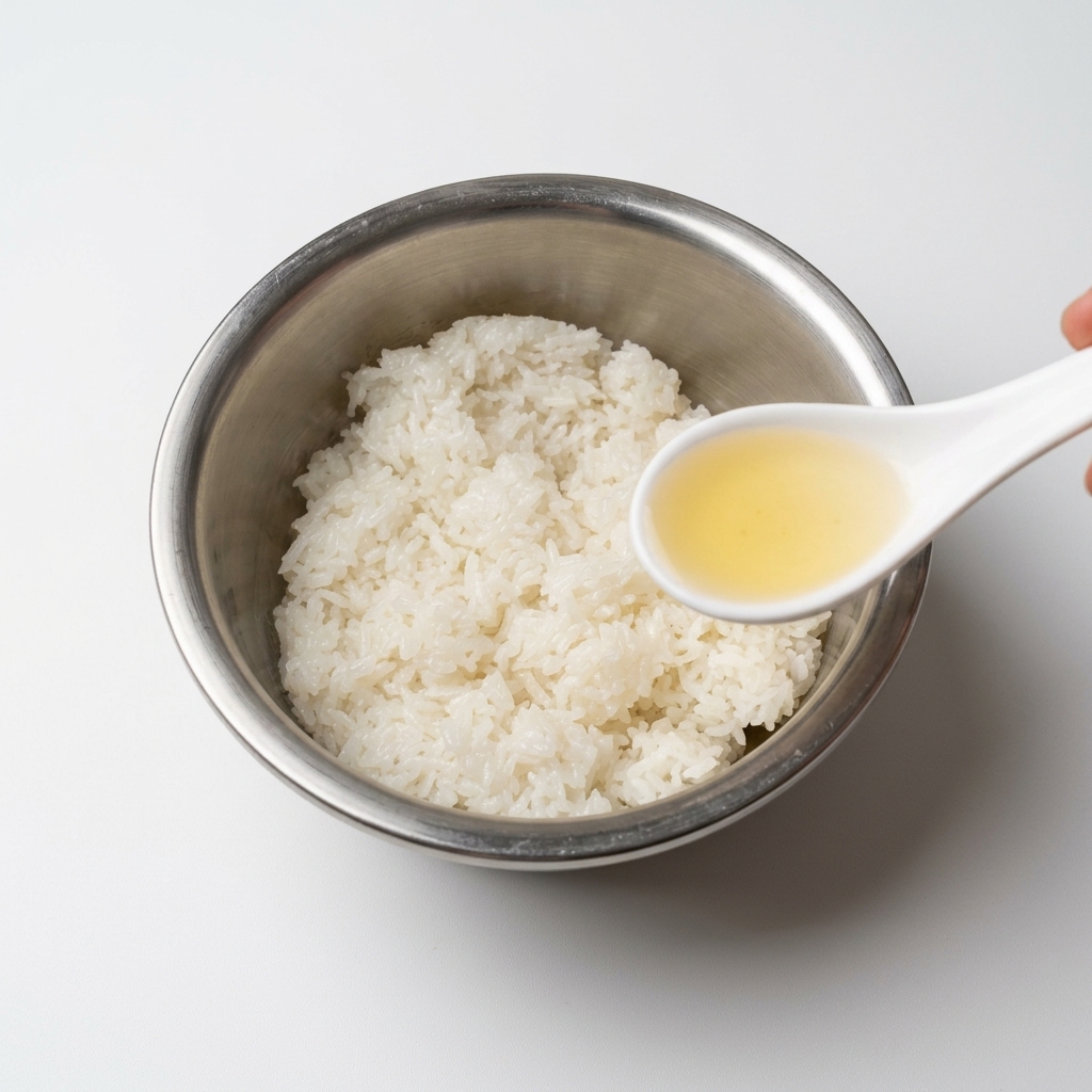炊き立ての白いご飯が入った金属ボウルに、白いスプーンで合わせ酢を回し入れ、少量のコーン油をかけている様子。