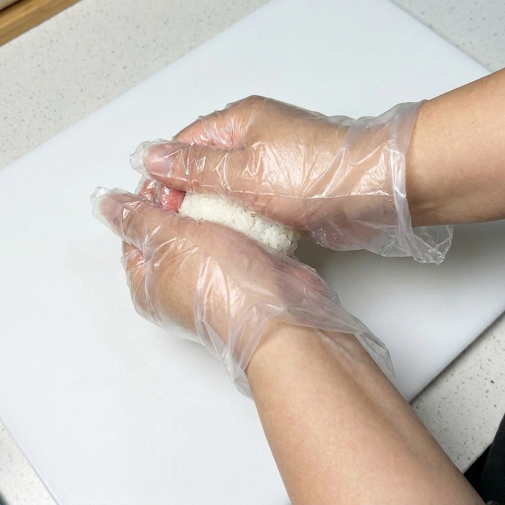 透明なプラスチック手袋をした両手で、味付けしたご飯を小さな楕円形のシャリ玉に整えている様子。