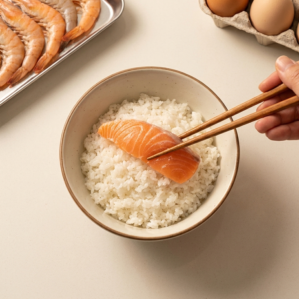 酢飯の上に箸でサーモンの切り身をのせている様子。