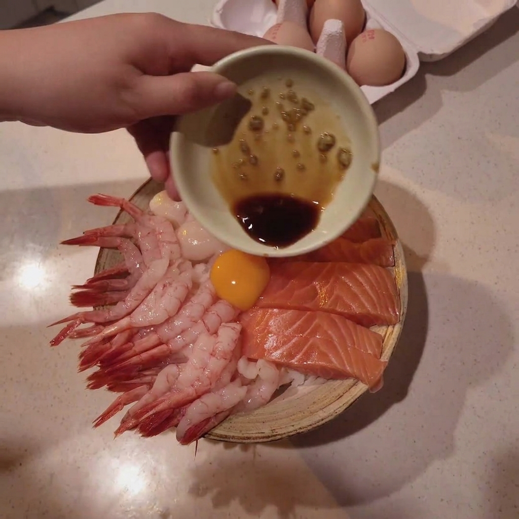 丼にだし醤油をかけている様子。
