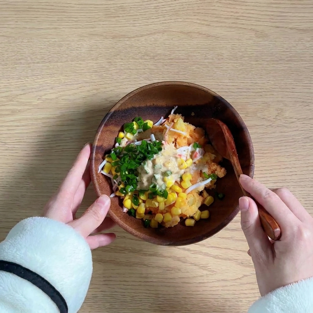 蒸したサツマイモをカニカマ、コーン、野菜と混ぜ合わせる様子。