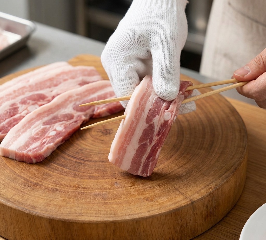 手袋を着用した手で、カットした豚バラ肉を木製の串に刺している様子。