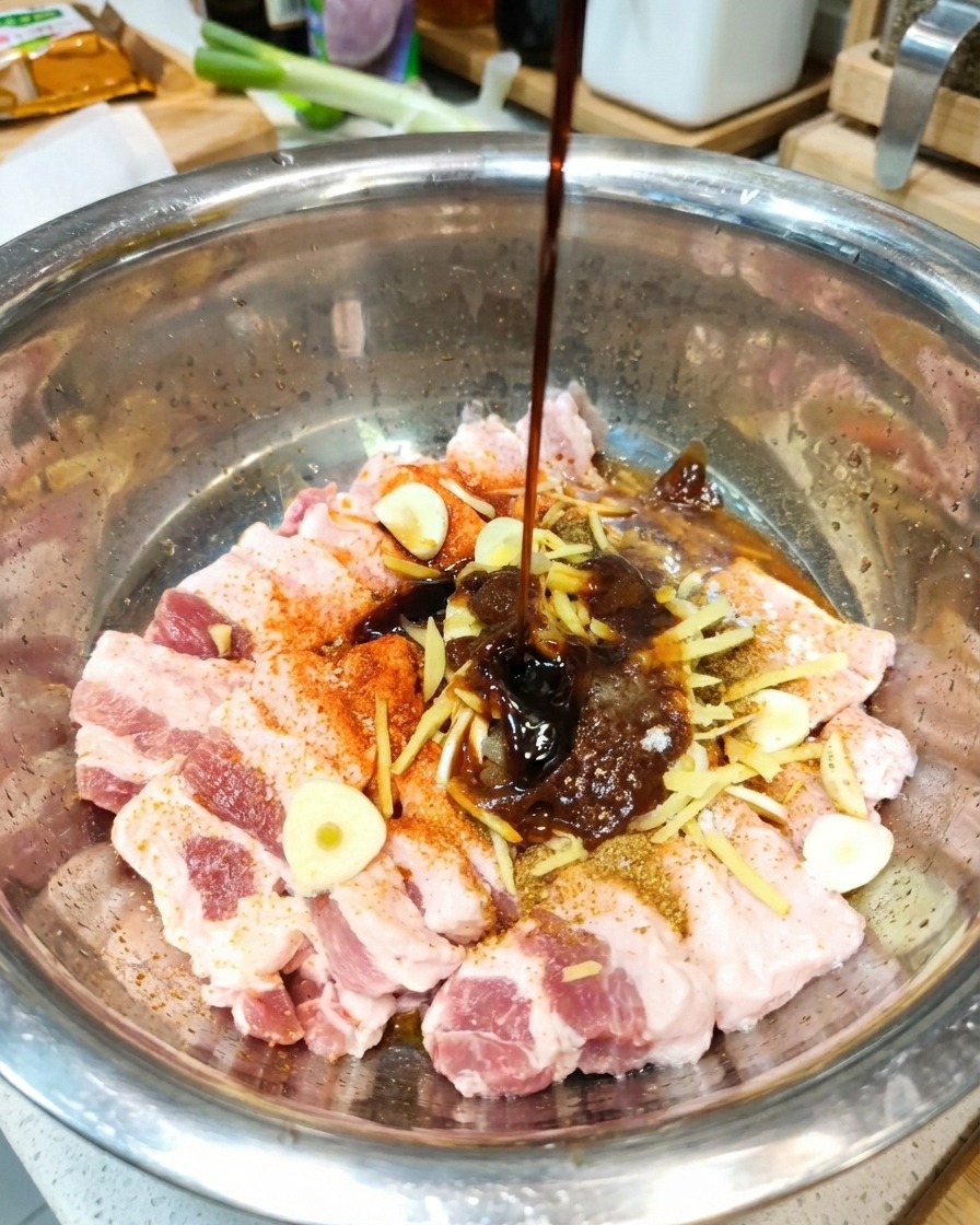 調味料をボウルに注ぎ入れている様子。