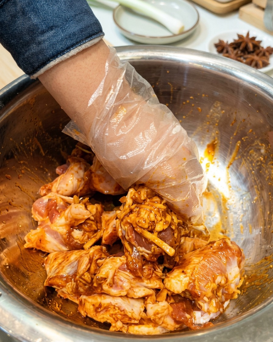 手袋をはめた手で、肉とマリネ液を混ぜ合わせている様子。