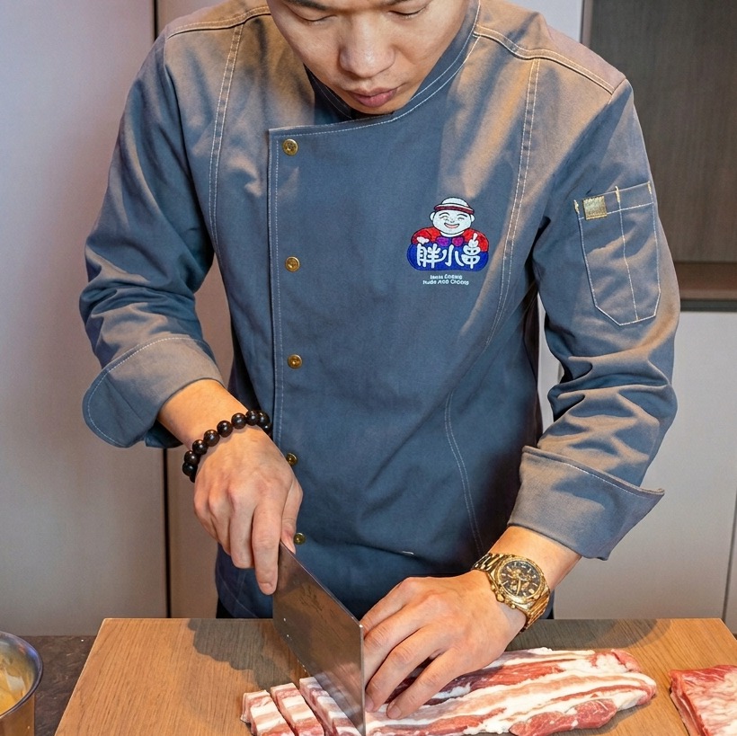豚バラ肉を均一な一口サイズにカットしている様子。